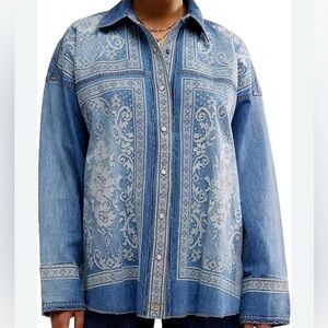 Free People We The Free Embroidered Oversized Denim Snap-Up Shirt